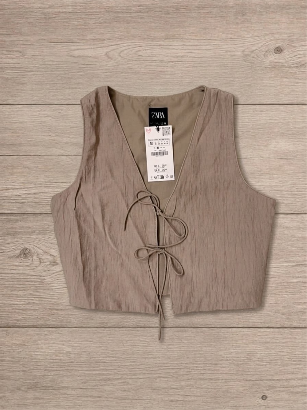 ZARA Taupe Tie-Front Cropped Top Vest